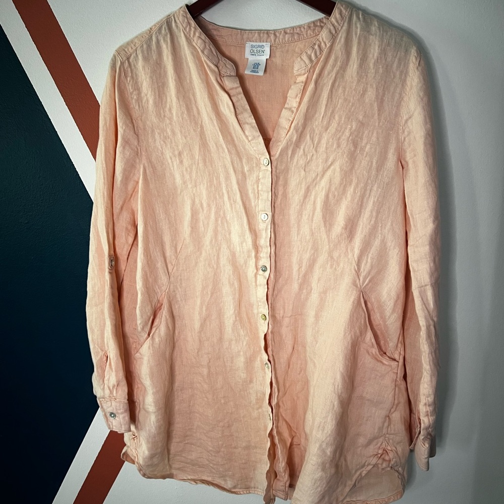 Sigrid Olsen Peach 100% Linen Button-Down Linen Shirt Coastal